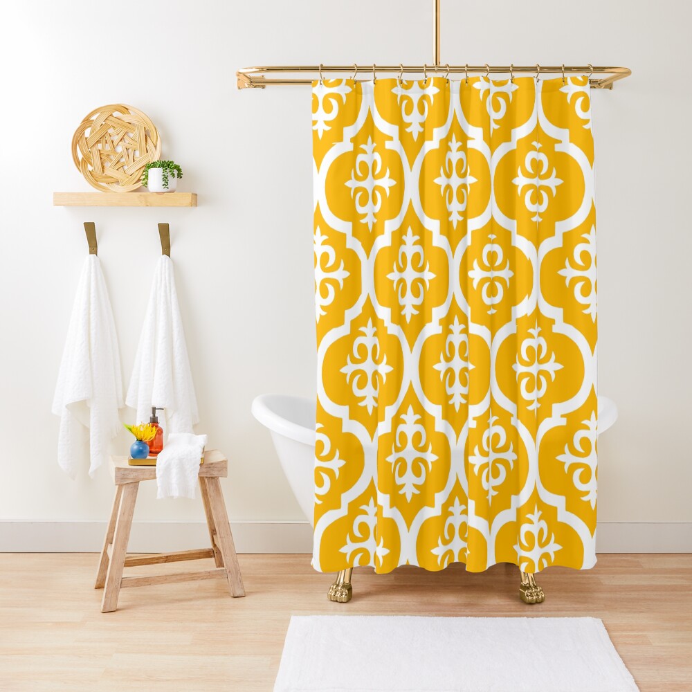 Modern Orange White Moroccan Quatrefoil Pattern Shower Curtain For