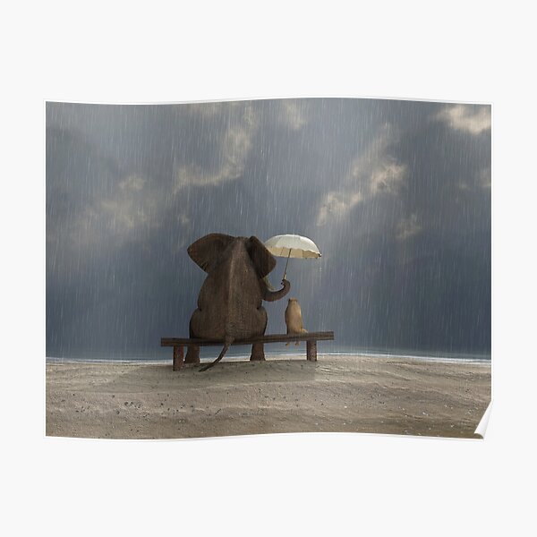 elephant and dog sit under the rain Poster