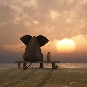 Artwork thumbnail, elephant and dog sit on a summer beach by Mike Kiev art