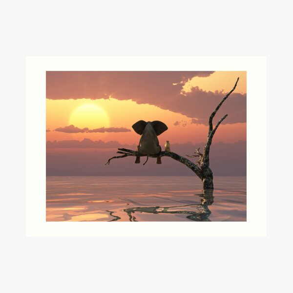 elephant and dog are sitting on a tree fleeing a flood Art Print
