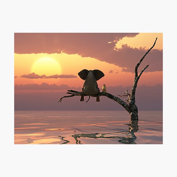 Item preview, elephant and dog are sitting on a tree fleeing a flood designed and sold by Mike Kiev art.