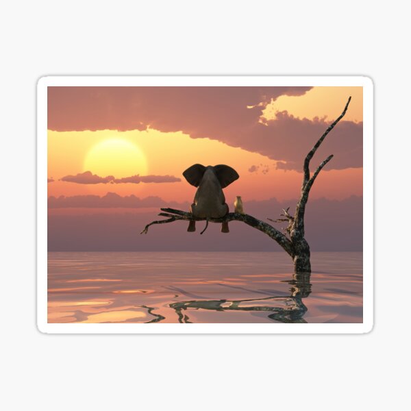 elephant and dog are sitting on a tree fleeing a flood Sticker