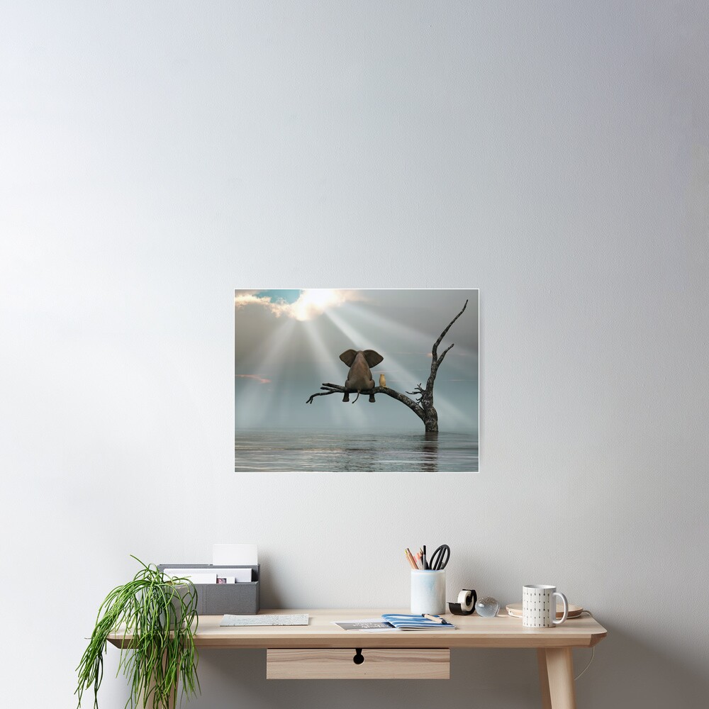 elephant and a dog are sitting on a tree Poster