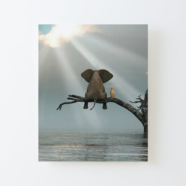 elephant and a dog are sitting on a tree Canvas Mounted Print