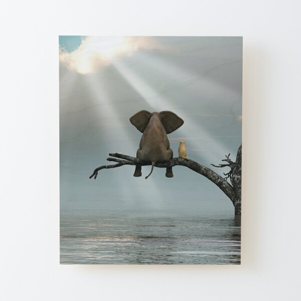 elephant and a dog are sitting on a tree Wood Mounted Print