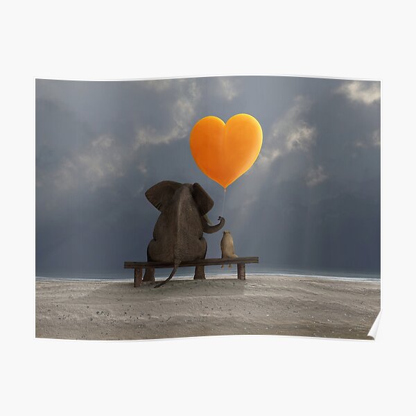 elephant and dog holding a heart shaped balloon Poster