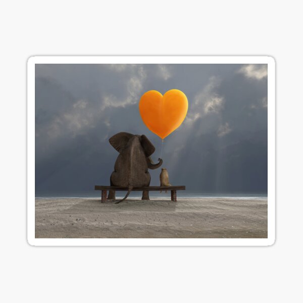 elephant and dog holding a heart shaped balloon Sticker