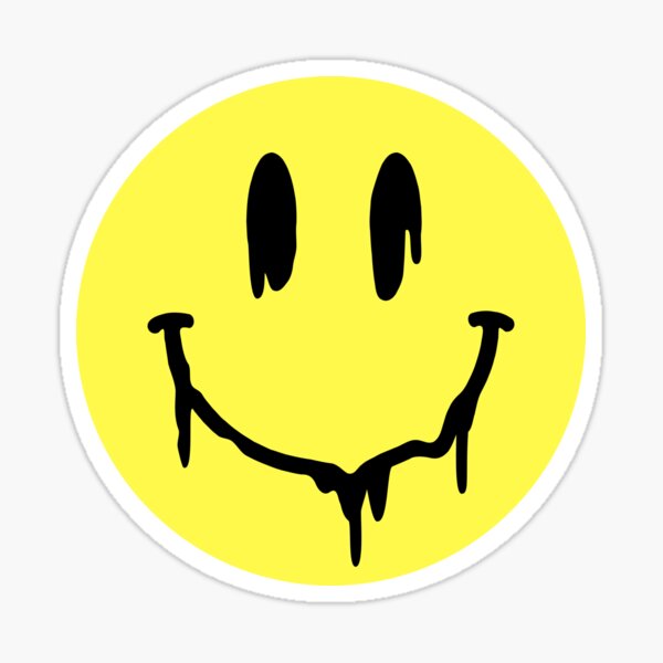 "90S RAVE FASHION . ACID YELLOW MELTING SMILING FACE" Sticker for Sale