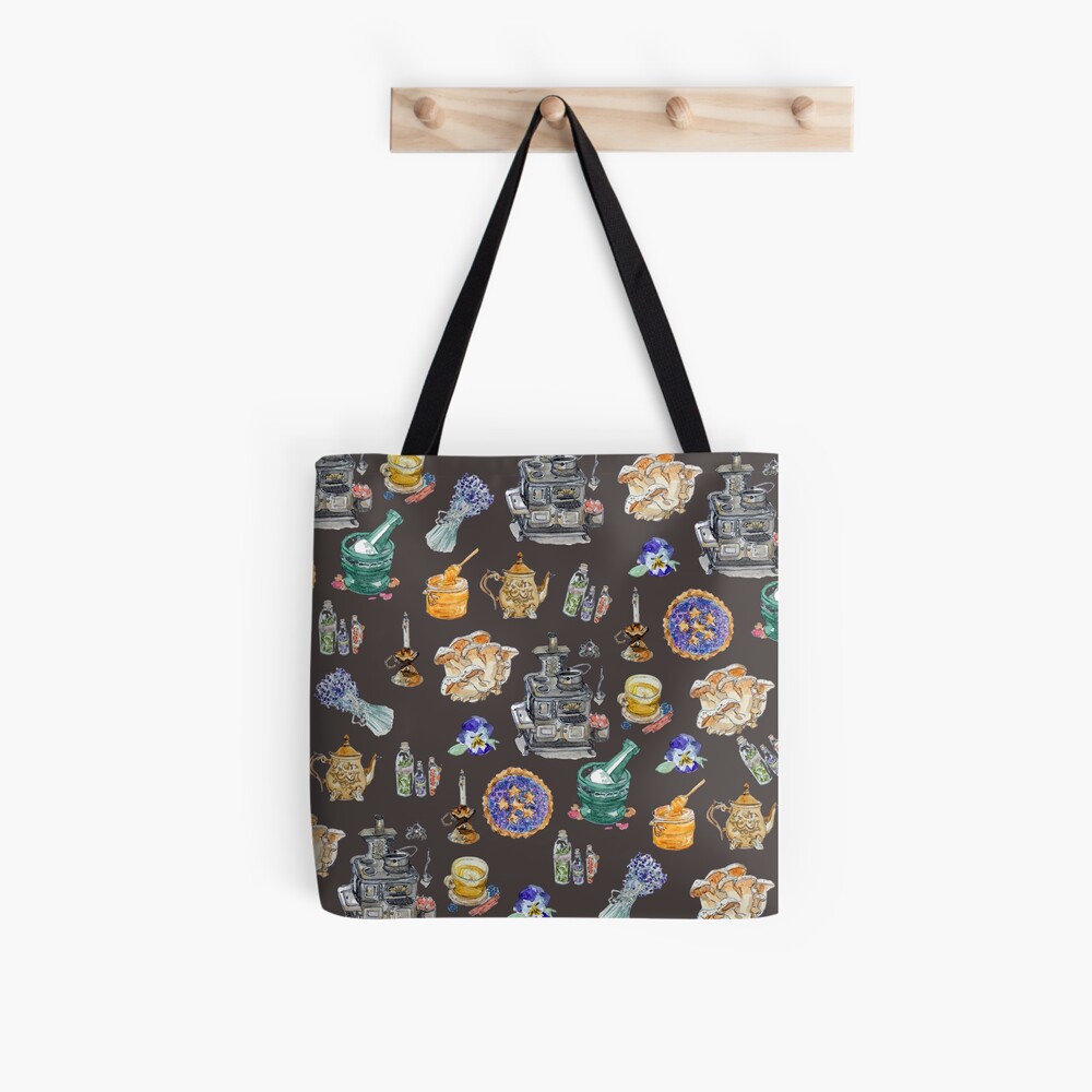 Whimsical Kitchen Witch Pattern on Dark Background Tote Bag