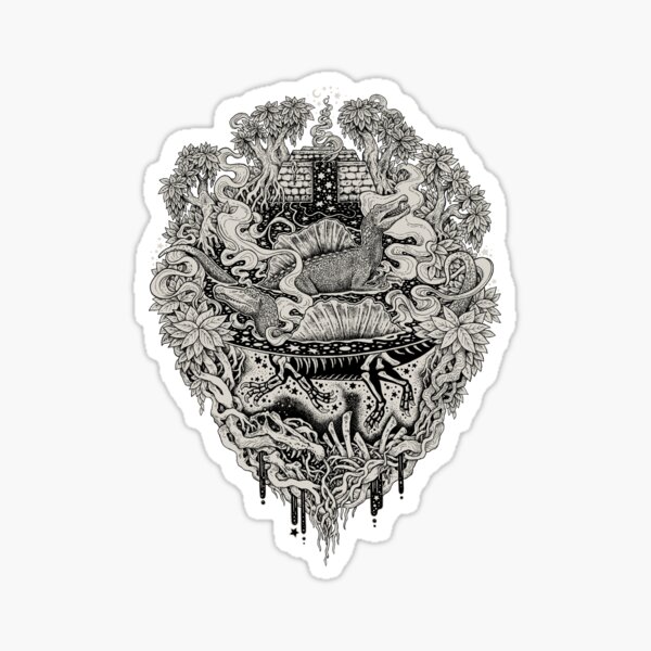 Sunken Temple of the Spinosaurus || Monochrome || Dinosaur Science Fiction Art Sticker