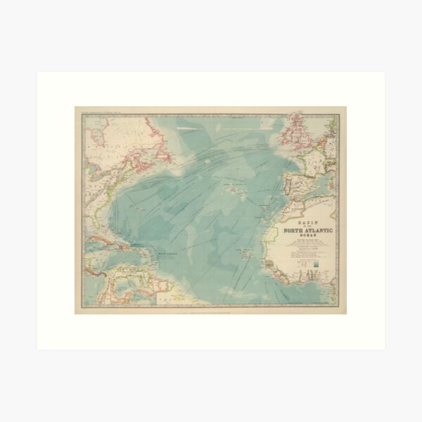 Vintage Atlantic Ocean Travel Routes and Timeline Map (1912) Art Print