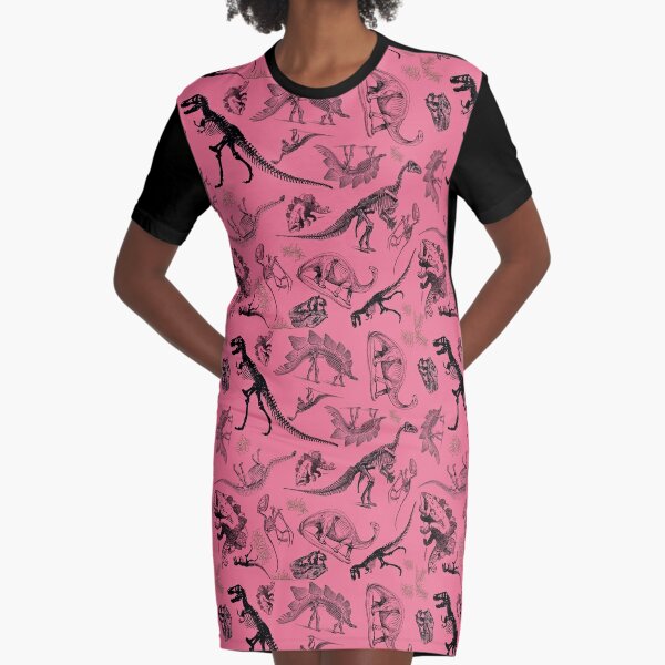 Dino Toile | Vintage Museum Dinosaur Sketches and Skeletons PINK Graphic T-Shirt Dress