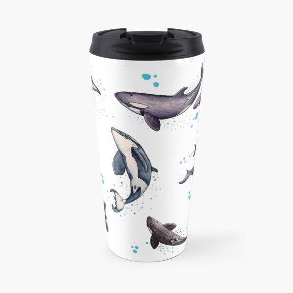 "Orca Pod in Watercolor" by Amber Marine, Killer Whale Art, © 2019 Travel Mug