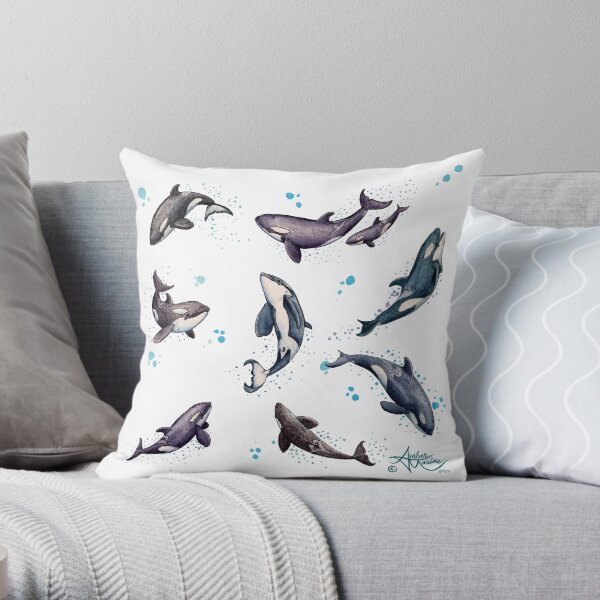 "Orca Pod in Watercolor" by Amber Marine, Killer Whale Art, © 2019 Throw Pillow