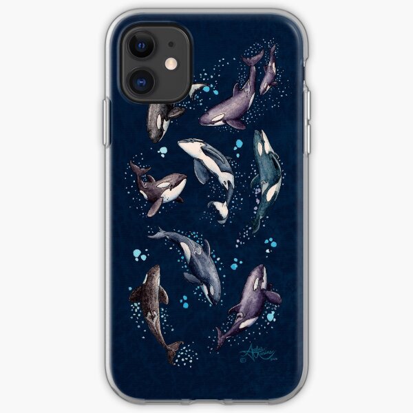 "Orca Pod in Watercolor" by Amber Marine, (Navy Blue Version) Killer Whale Art, © 2019 iPhone Soft Case