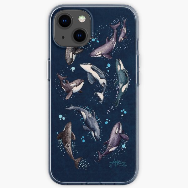"Orca Pod in Watercolor" by Amber Marine, (Navy Blue Version) Killer Whale Art, © 2019 iPhone Soft Case
