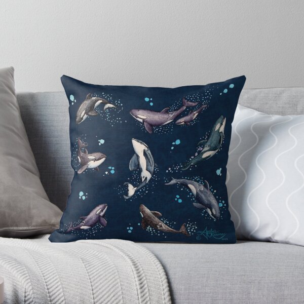 "Orca Pod in Watercolor" by Amber Marine, (Navy Blue Version) Killer Whale Art, © 2019 Throw Pillow