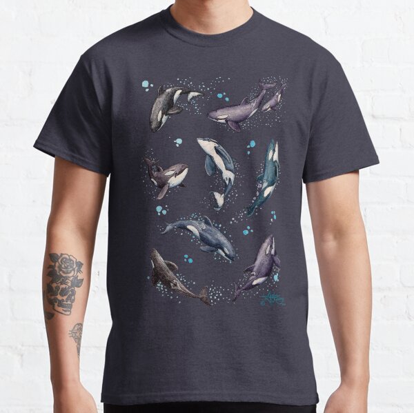 "Orca Pod in Watercolor" by Amber Marine, (Navy Blue Version) Killer Whale Art, © 2019 Classic T-Shirt
