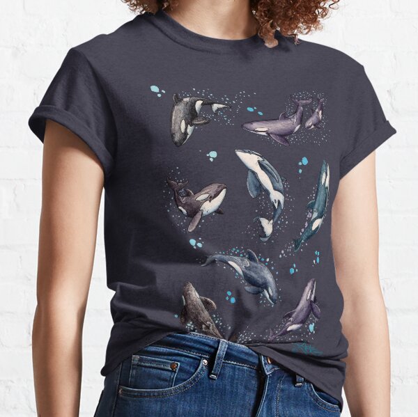 "Orca Pod in Watercolor" by Amber Marine, (Navy Blue Version) Killer Whale Art, © 2019 Classic T-Shirt