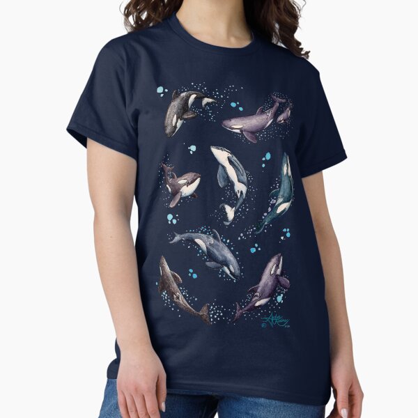 "Orca Pod in Watercolor" by Amber Marine, (Navy Blue Version) Killer Whale Art, © 2019 Classic T-Shirt