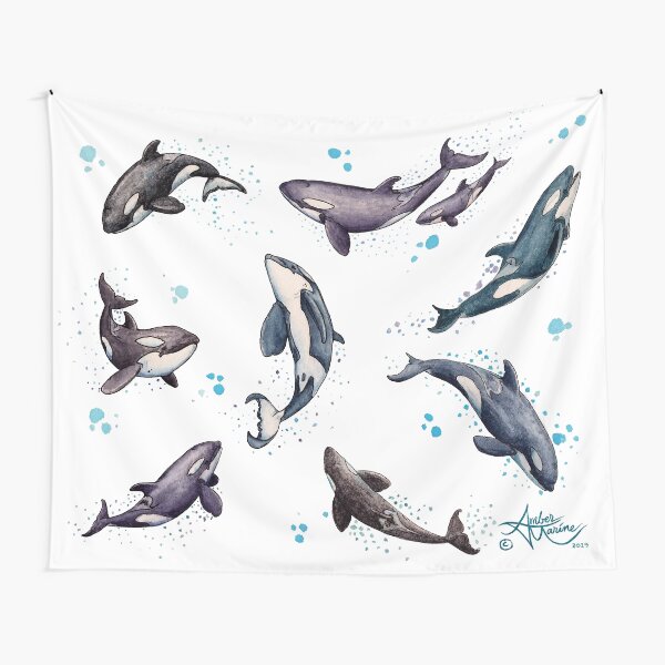 "Orca Pod in Watercolor" by Amber Marine, Killer Whale Art, © 2019 Tapestry