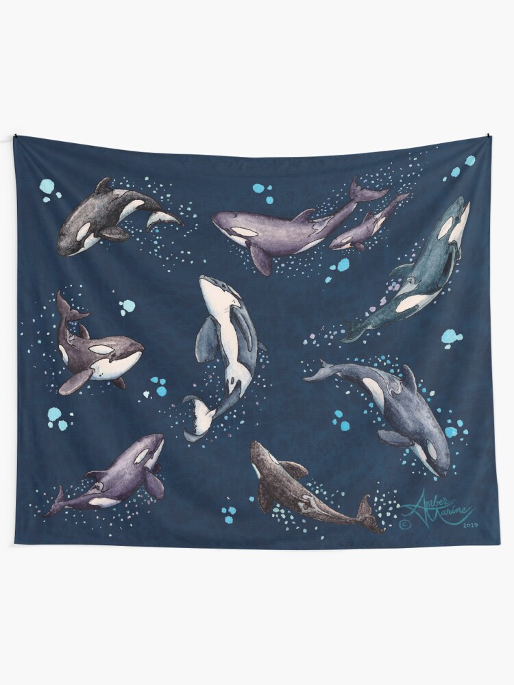 Alternate view of "Orca Pod in Watercolor" by Amber Marine, (Navy Blue Version) Killer Whale Art, © 2019 Tapestry