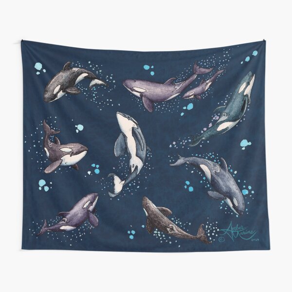 "Orca Pod in Watercolor" by Amber Marine, (Navy Blue Version) Killer Whale Art, © 2019 Tapestry