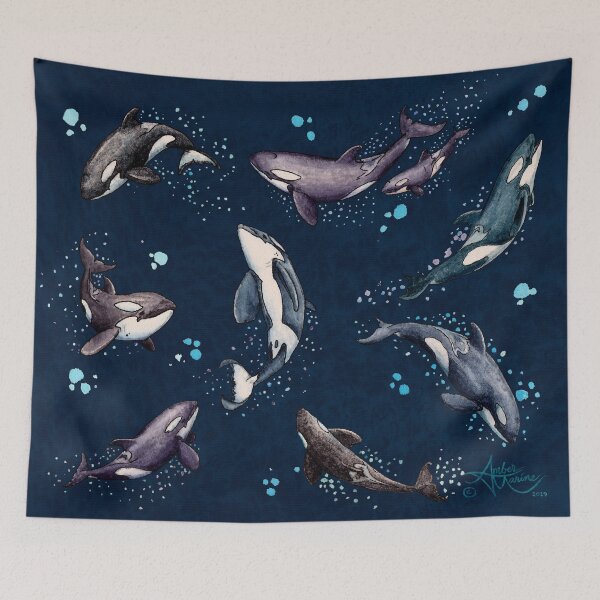 Item preview, "Orca Pod in Watercolor" by Amber Marine, (Navy Blue Version) Killer Whale Art, © 2019 designed and sold by Amber Marine ~ Wildlife Artist ~ © 2004-2021.