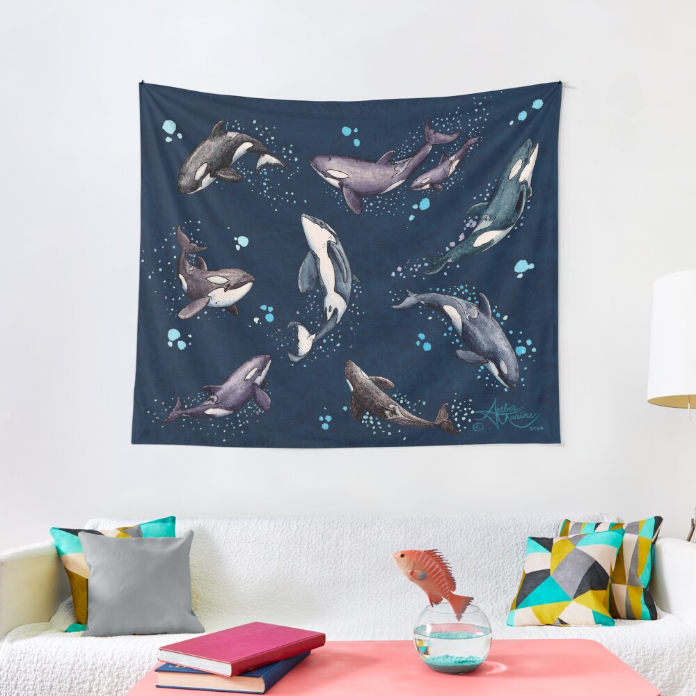"Orca Pod in Watercolor" by Amber Marine, (Navy Blue Version) Killer Whale Art, © 2019 Tapestry
