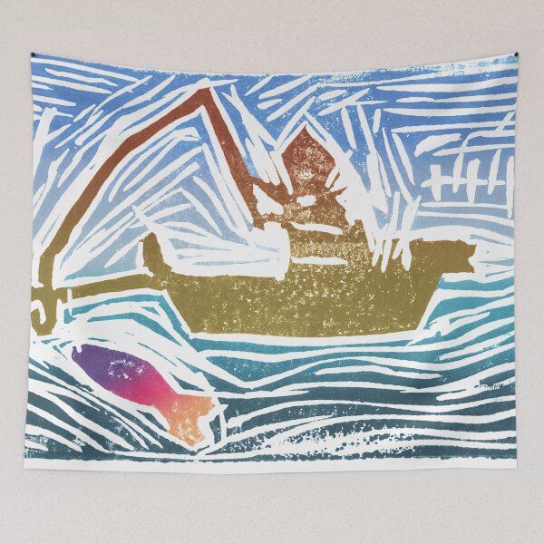 Item preview, Abstract, Hand-Carved Plate and Printed art of a Fisherman on the Ocean designed and sold by BigAl3D.