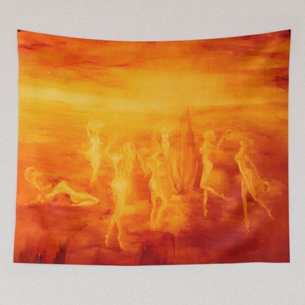 Item preview, Bright orange monochromatic painting of naked girls dancing designed and sold by ElenaGalaxyArt.
