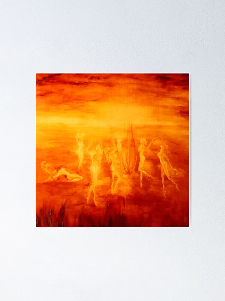Bright Orange Monochromatic Painting Of Naked Girls Dancing Poster By Elenagalaxyart Redbubble