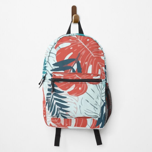 Seamless pattern with red green tropical leaves plants white Backpack