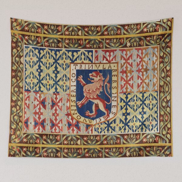 Item preview, ANTIQUE FLEMISH HERALDIC TAPESTRY WITH RAMPANT LION Red Blue Yellow Hues designed and sold by BulganLumini.