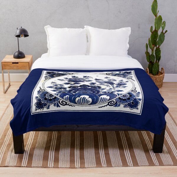 DUTCH BLUE DELFT : Vintage Blue Bird and Flowers Print Throw Blanket