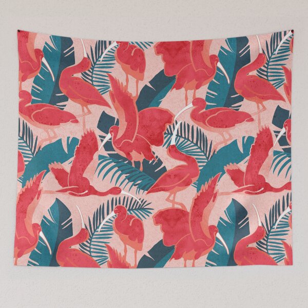 Item preview, Luxurious Scarlet Ibis // pink background teal vegetation metal rose and red guará large birds designed and sold by SelmaCardoso.