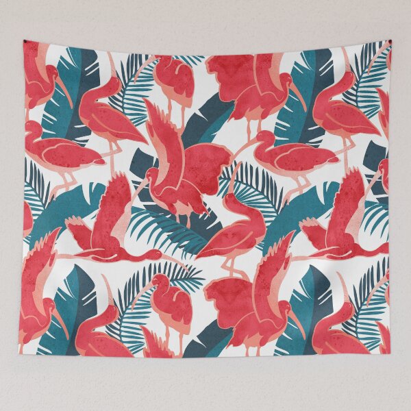 Item preview, Luxurious Scarlet Ibis // white background teal vegetation metal rose and red guará large birds designed and sold by SelmaCardoso.