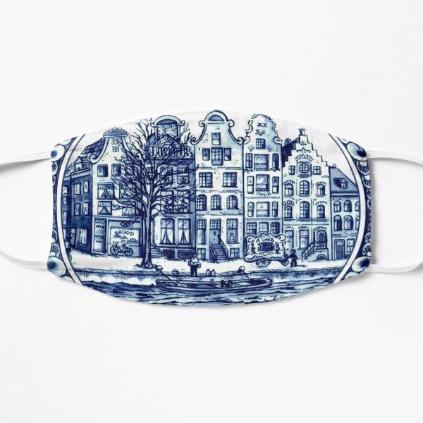 DUTCH BLUE DELFT : Vintage Boats in Canal Amsterdam Print Flat Mask