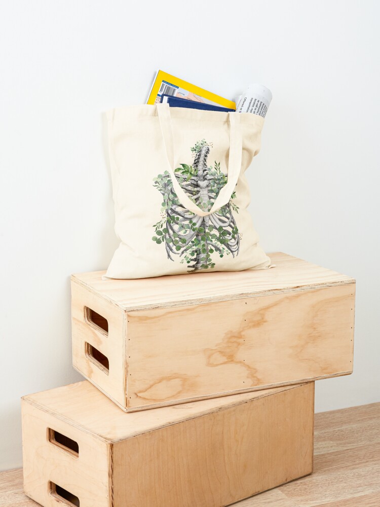 Alternate view of Ribcage, rib cage, anatomy skeleton eucaliptus leaves Tote Bag