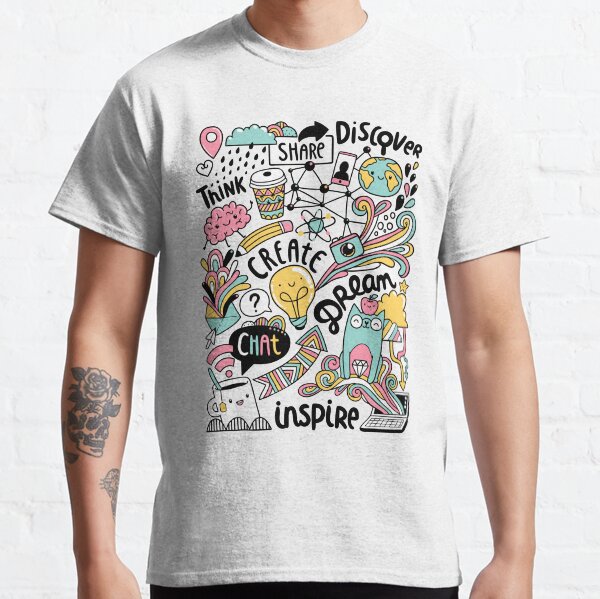 Everyday. Internet and social media doodles. Cat, brain, coffee, pencil creative illustration Classic T-Shirt