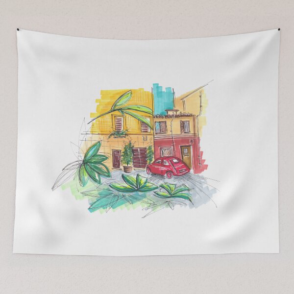 Item preview, red vintage car in Rome Trastevere red retro car in Rome designed and sold by AnastasiaSketch.