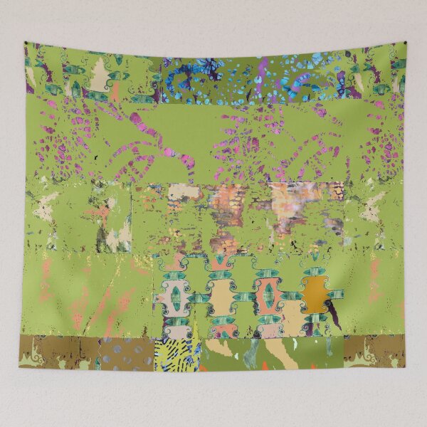 Item preview, Green textiles, mixed media, fiber art, tan beige green blue purple pink designed and sold by djrunnels.