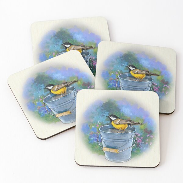 Item preview, Garden Scene, Bird on Pail with Flowers, Wildlife, Nature Illustration designed and sold by JoyfulWhimsy.