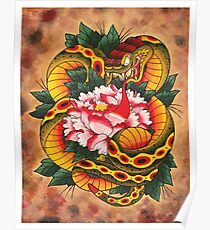 Snake and Peony Flower Poster