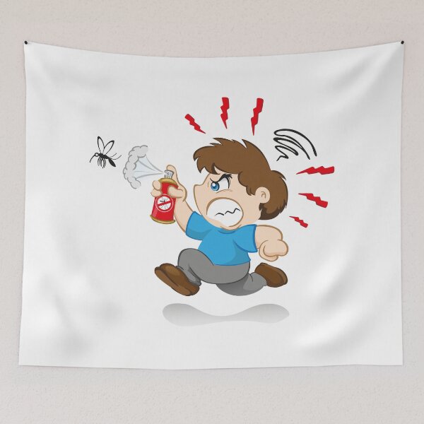 Item preview, Illustration represents a character yuyu, children's mascot boy fighting the mosquito that transmits the dengue virus or zika with insecticide spray designed and sold by LucianoCosmo.