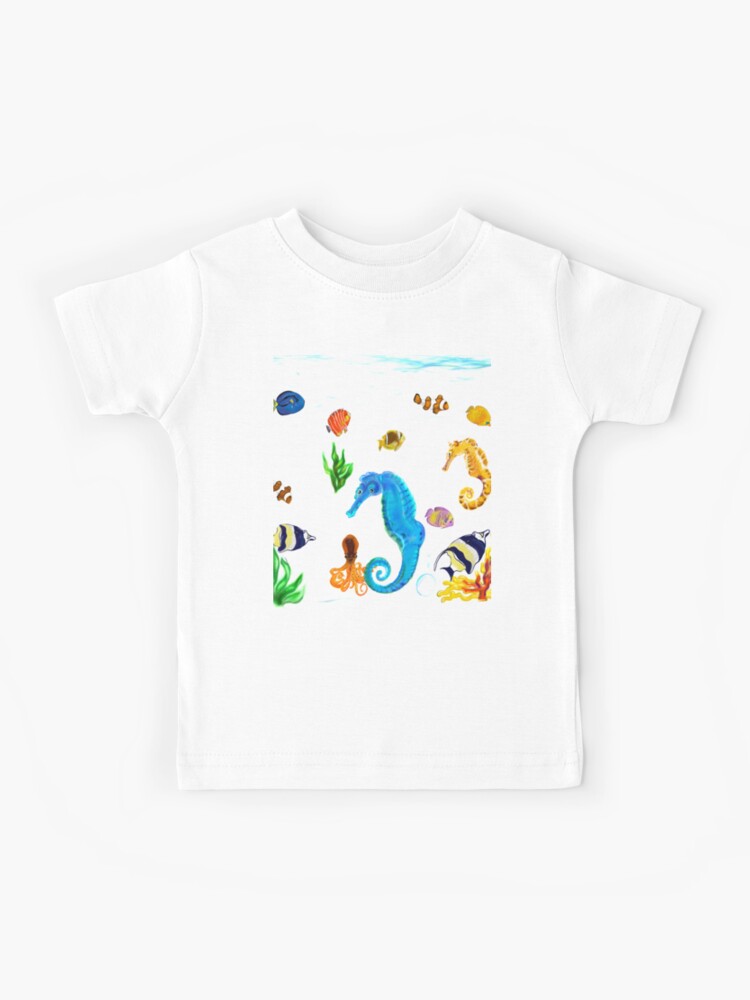 Best fishing gifts for fish lovers 2022. Seahorse and friends Coral reef  fish rainbow coloured / colored fish swimming under the sea | Kids T-Shirt