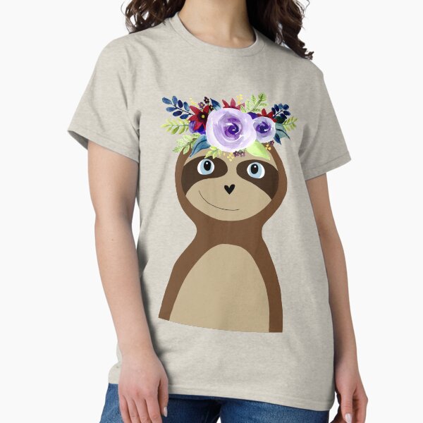 Cute Sloth Doodle Cartoon with Watercolor Flower Wreath Classic T-Shirt