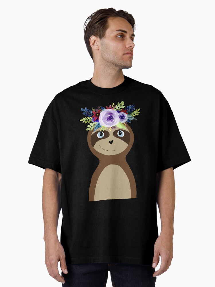 Thumbnail 2 of 7, Oversized T-Shirt, Cute Sloth Doodle Cartoon with Watercolor Flower Wreath designed and sold by aimeegray.