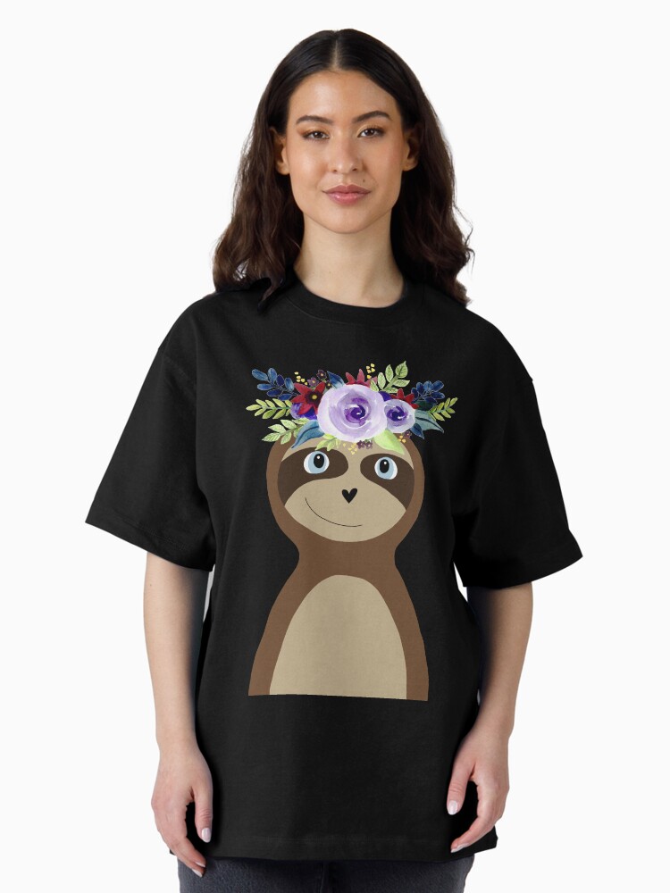 Thumbnail 1 of 7, Oversized T-Shirt, Cute Sloth Doodle Cartoon with Watercolor Flower Wreath designed and sold by aimeegray.