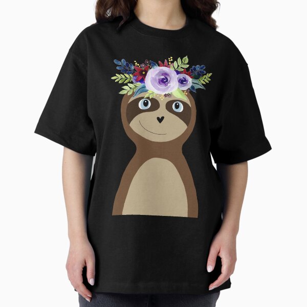 Cute Sloth Doodle Cartoon with Watercolor Flower Wreath Oversized T-Shirt